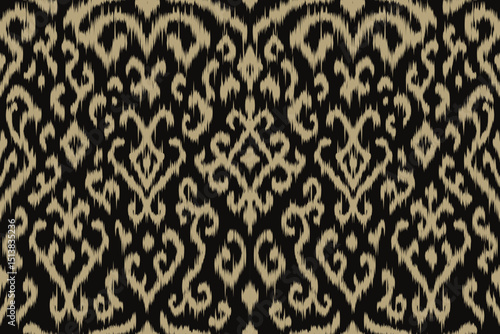 Cream and black ikat seamless pattern with ethnic geometric and floral motifs, traditional tribal textile background for fabric, fashion, wallpaper, folk decor, bohemian and cultural art.