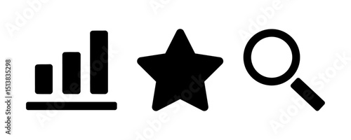 Bar graph star and magnifying glass icons set