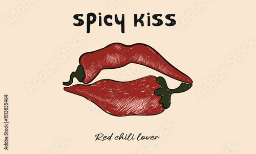 Spicy kiss t shirt print design. Hot lip kiss chili. Hot chili design for t shirt print, poster, sticker, background and other uses.