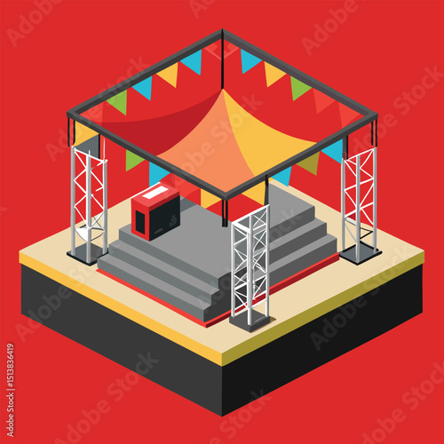 Isometric illustration of a stage setup with colorful banners and truss lighting structures