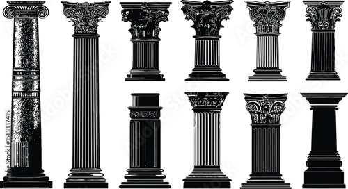Collection of Ten Architectural Column Designs Showcasing Classical and Ornate Styles for Building and Structural Inspiration