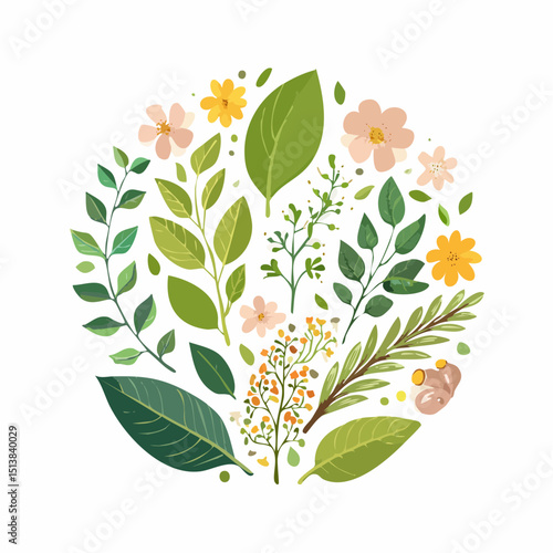 Hand-Drawn Firefly Herbal Illustration Leaves, Flowers, and Roots in a Circular Design