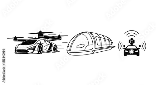Illustration of a flying car with rotors a pod like vehicle and a self driving car with sensors shown