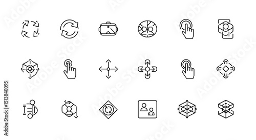 Collection of interface and interaction icons representing various actions and functionalities on white background