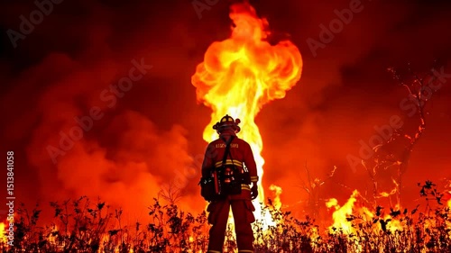 Wallpaper Mural A firefighter stands steadfast, facing a roaring wildfire and the inferno of flames in the darkness of the night. Torontodigital.ca