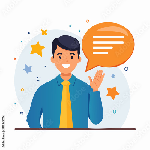 Cheerful Communication: A friendly character delivers a message, adorned with animated stars and bubbles, illustrating the spirit of positive discussion.