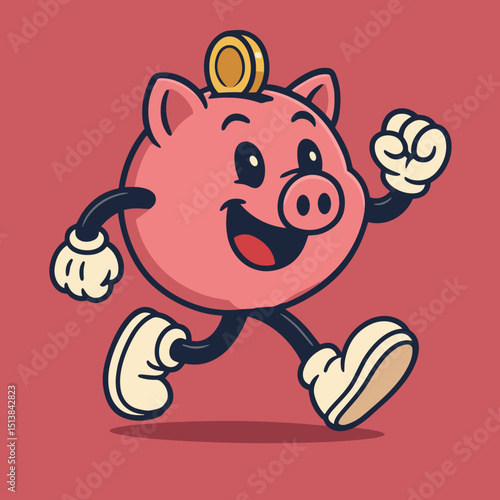 Happy Cartoon Piggy Bank Mascot Running