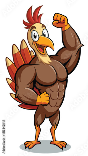 Strong cartoon turkey flexing muscles celebrating thanksgiving or other festive events