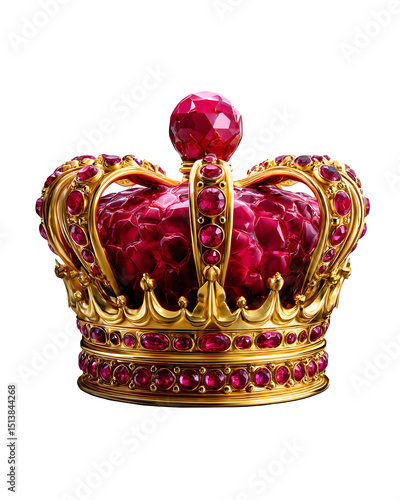 A golden crown with ruby gemstones, luxury design, isolated on transparent background