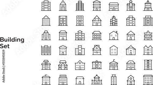 Collection of diverse building icons for design projects and applications