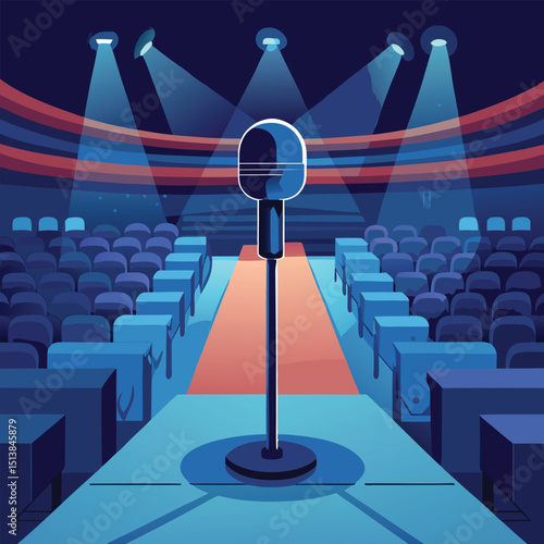 Vector illustration of a microphone on a stage in a theater or auditorium with spotlighting