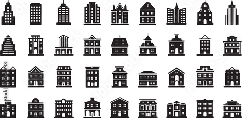 Collection of diverse building icons for design projects and applications