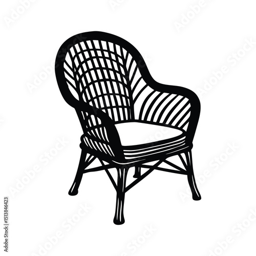 Silhouette art illustration of a boho style rattan armchair with curved arms.eps