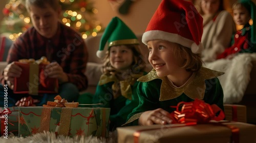 Festive family gathering with children dressed as elves, opening gifts near a brightly lit Christmas tree, creating a cozy and joyful holiday atmosphere. 