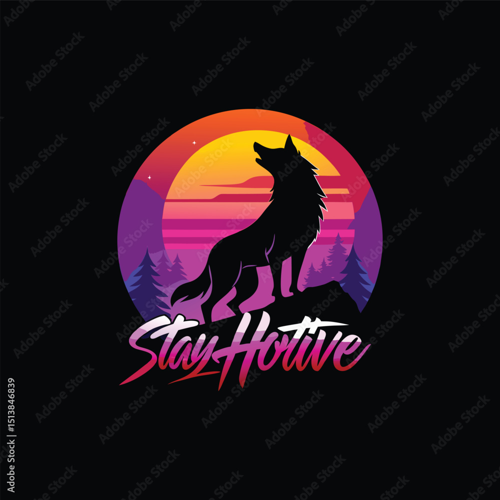 Obraz premium Stay Hortive Wolf Silhouette at Sunset, Motivational Design
