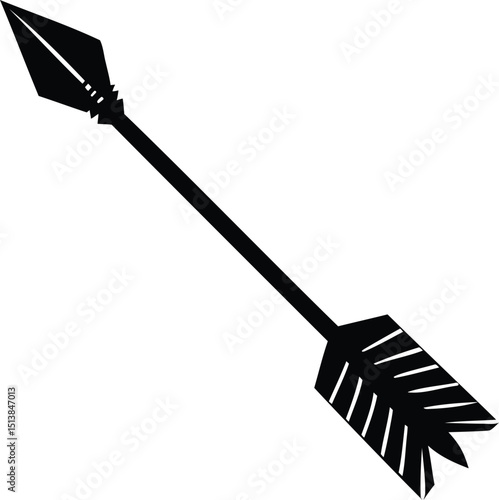Stylized Arrow with Feathers, Vector Image, Black and White Illustration