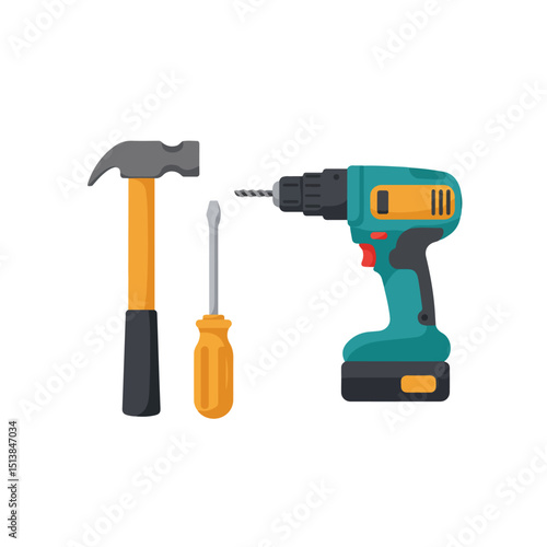 This illustration depicts a hammer, a screwdriver, and an electric drill against a white backdrop.