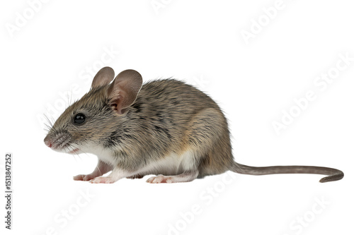 Fototapeta Naklejka Na Ścianę i Meble -  A close up portrait of a small mouse against a solid white background