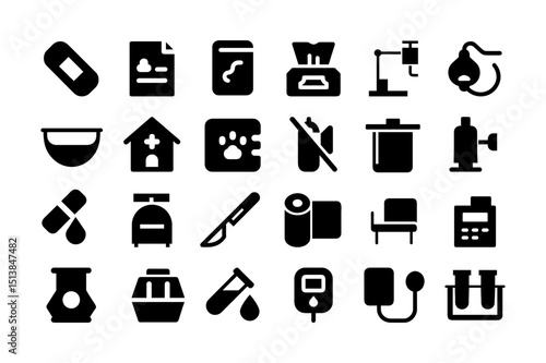 Veterinary clinic equipment solid icon collection