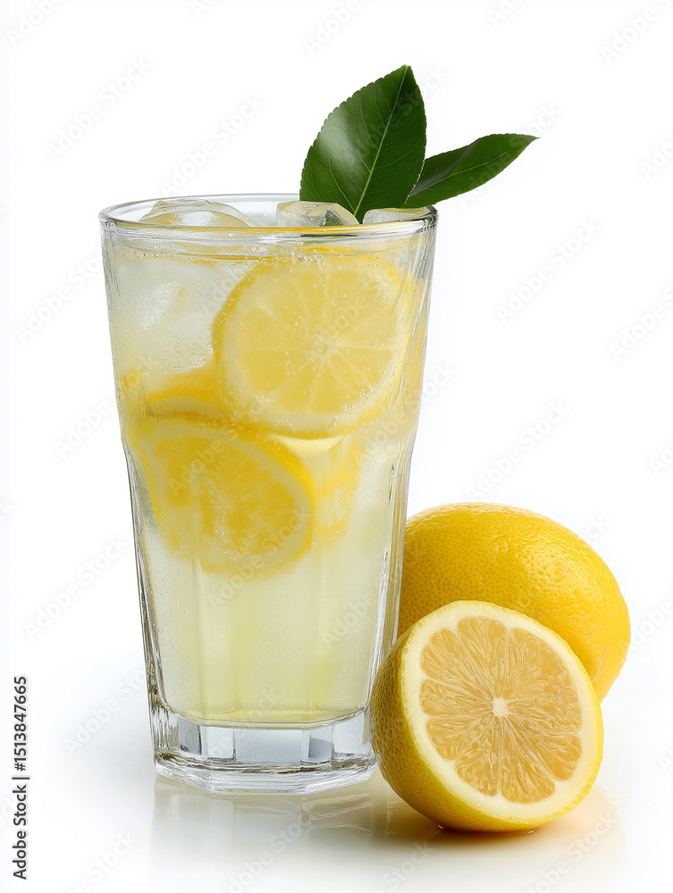 Glass of Lemonade With Fresh Lemons and Ice on White Background Glass of Lemonade With Fresh Lemons and Ice on White Background