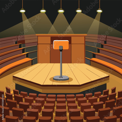 Vector illustration of an empty auditorium stage with microphone for public speaking or presentation