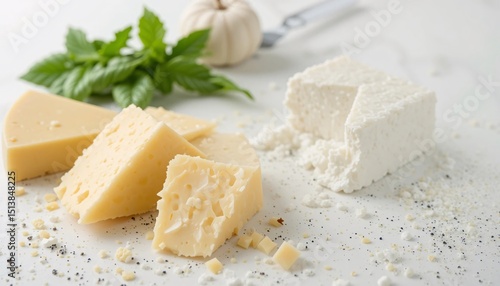 Gourmet Cheese Assortment Feta Cheddar and Parmesan on White Background
