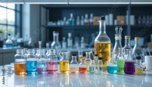 Colorful Chemicals in Lab Science Experiment Research Testing Analysis Bottles Flasks Liquids