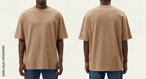 Beige Oversized Plain T-Shirt Mockup on Man, Front and Back Views, Isolated on Cream Background, AI-Generated Image
