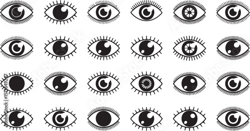 High quality eye icon set featuring a single design element utilizing cmyk grayscale and rgb color models created with helvetica and courier fonts