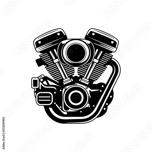 Motorcycle Engine Illustration: A detailed illustration of a powerful V-twin motorcycle engine, showcasing its intricate mechanical components and robust design.