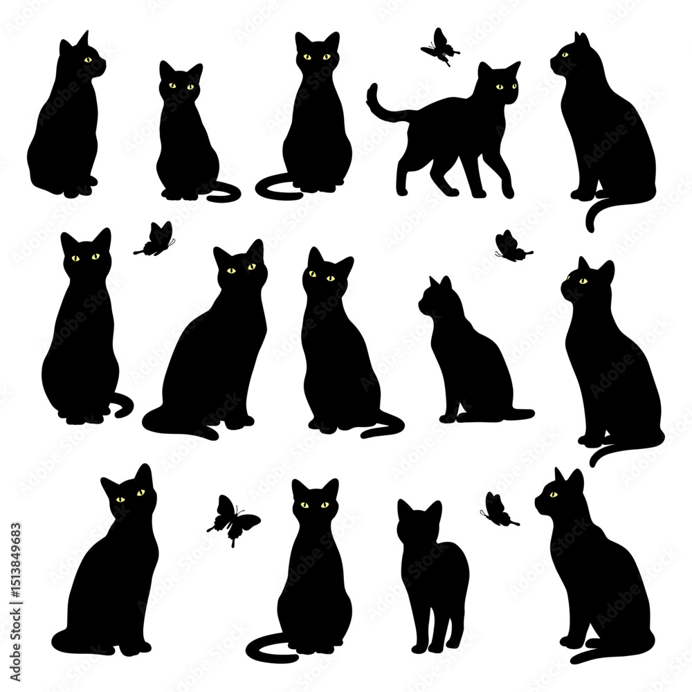 Set of 9 elegant black cat silhouettes in various poses, including sitting, standing, walking, and interacting with butterflies. Vector illustration, isolated on white. Set of 9 elegant black cat silhouettes in various poses, including sitting, standing, walking, and interacting with butterflies. Vector illustration, isolated on white.