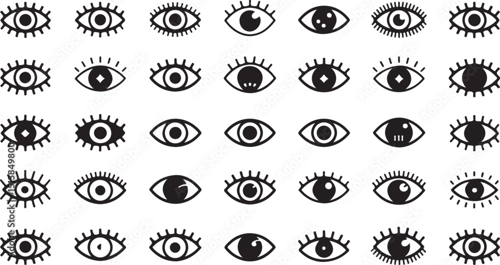 High resolution eye icon set design featuring various styles and a single eye graphic in cmyk and grayscale color modes