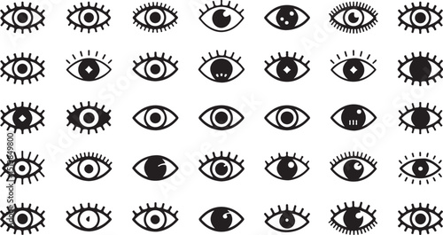 High resolution eye icon set design featuring various styles and a single eye graphic in cmyk and grayscale color modes