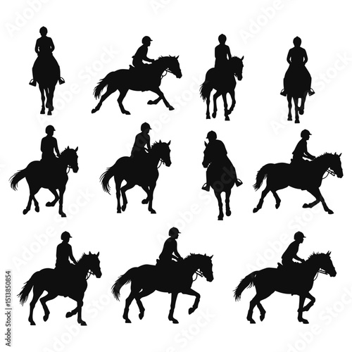 Collection of equestrian vector icons: horse and rider silhouettes performing various activities. Ideal for sports, adventure, and animal-related designs