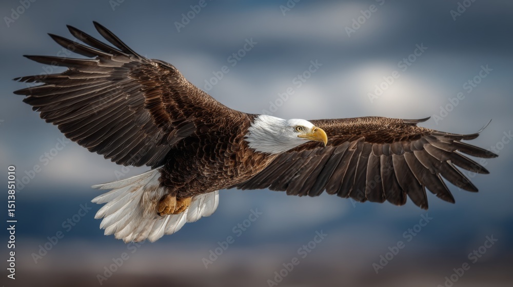 Fototapeta premium Bald Eagle in Flight Against Cloudy Sky