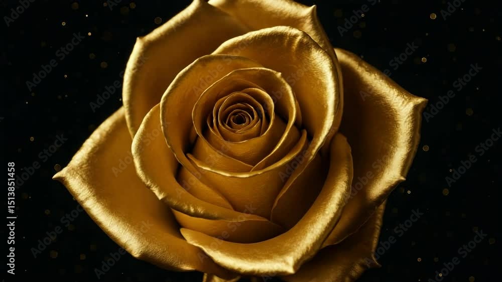 Una rosa dorada sobre un fondo negro despliega sus pétalos, revelando el capullo — video abstracto creado por inteligencia artificial.