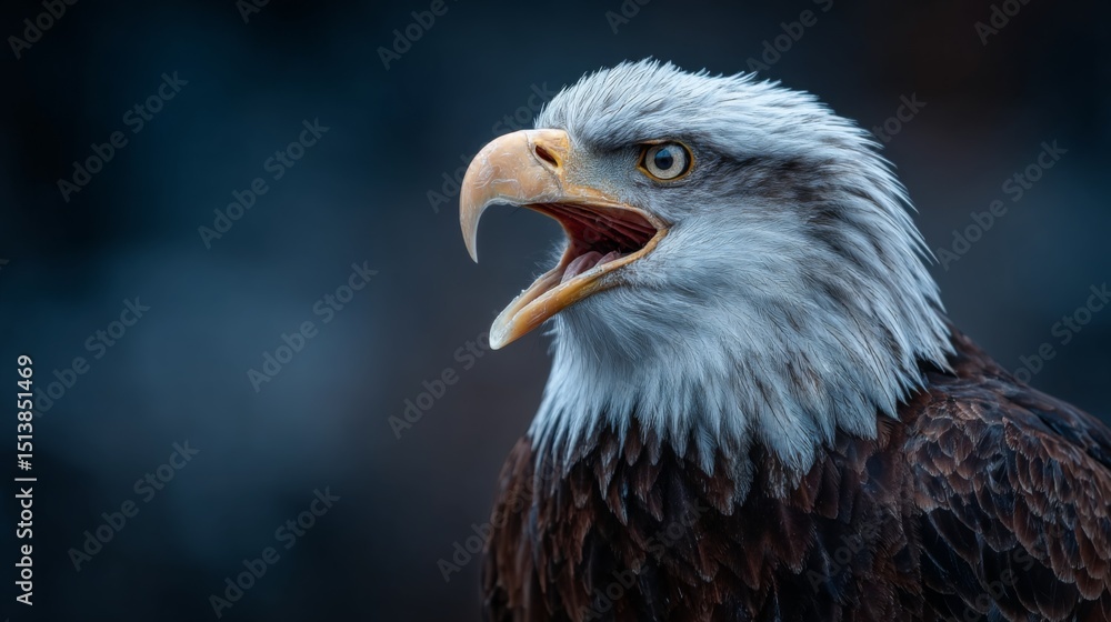 Obraz premium Majestic Bald Eagle Portrait Against Dark Blue Background