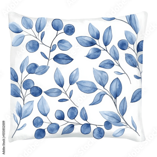 Decorative pillow featuring beautiful watercolor design of blue leaves and berries, creating serene and calming atmosphere in any space
