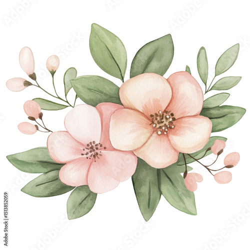 Beautiful arrangement of soft pink flowers and green leaves, creating serene and delicate floral composition that evokes sense of tranquility and natural beauty