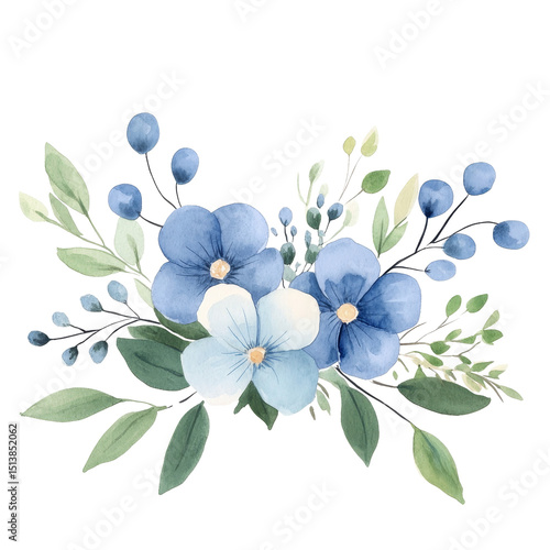 Beautiful arrangement of blue and white watercolor flowers with green leaves and berries, creating serene and elegant floral design. Perfect for invitations or decor