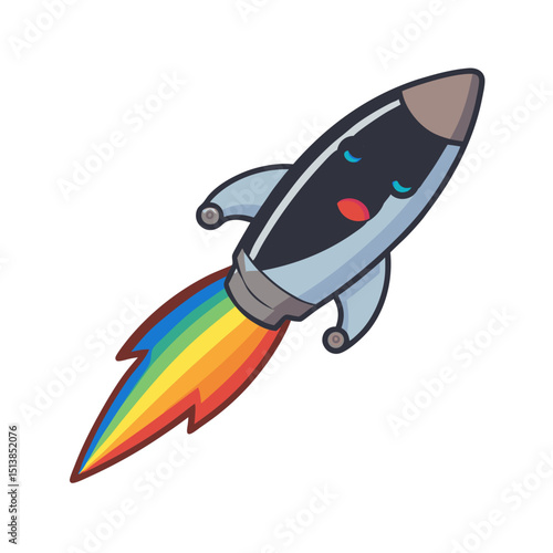 Cartoon Rocket Icon with Smiling Face and Rainbow Trail – Metallic Finish, Bright Colours, Illustration