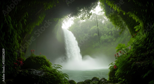 A hidden cave behind a waterfall, lush greenery and mist creating a secret paradise