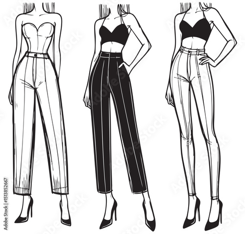 Beautiful girl in trousers. Fashionable clothes, summer outfit. Fashion and style. Female. Vector illustration for postcard or poster, print.