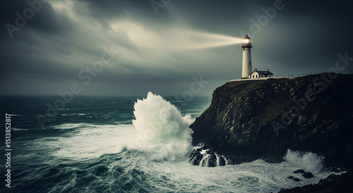 A lone lighthouse on a rocky cliff during a storm, waves crashing against the rocks