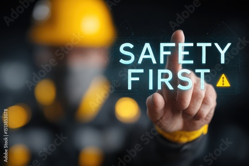 Safety First Concept with Construction Worker Touching Virtual Warning Sign – Workplace Safety and Risk Prevention Awareness