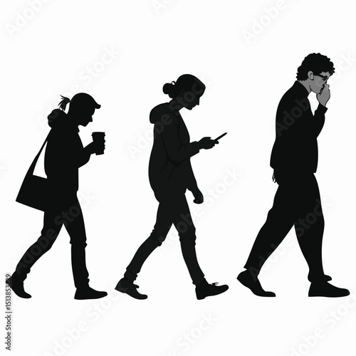 Silhouettes of three people walking with a coffee cup phone and hand to face on a white background