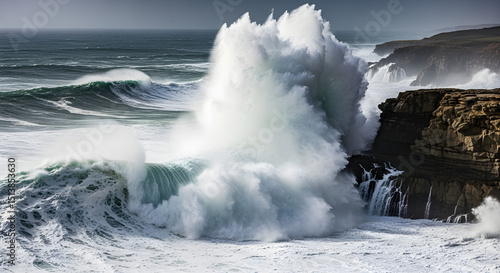 A massive tidal wave crashing against coastal cliffs, powerful and dynamic seascape