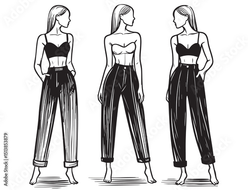 Beautiful girl in trousers. Fashionable clothes, summer outfit. Fashion and style. Female. Vector illustration for postcard or poster, print.