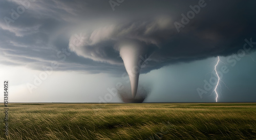 A massive tornado touching down on a prairie, dark skies and swirling winds