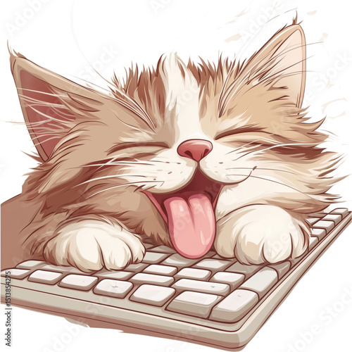 Vector illustration of a cute fluffy cat with green eyes lying on a computer keyboard, sticking out its tongue playfully. A funny concept about pets interrupting remote work.